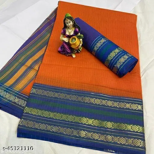 Kota Doria Cotton Saree for Women (Orange)