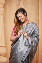 Litchi Silk Zari Woven Saree for Women, Grey 