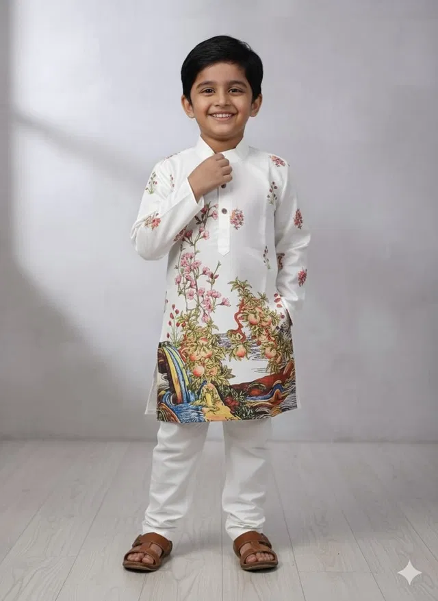 Silk Blend Printed Kurta & Payjama Set For Boys, Cream (7 - 8 Years)