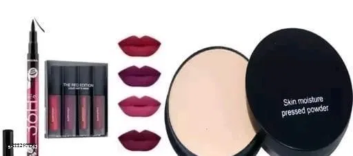 Combo of Compact with 4 Pcs Liquid Lipstick & 36H Eyeliner (Multicolor, Set of 6)