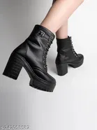 Shoetopia Solid Synthetic Block Heel Boots Black 