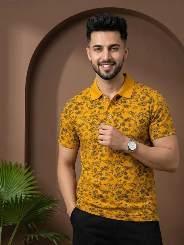 Printed Polo T-shirt for Men (Mustard, XXL)