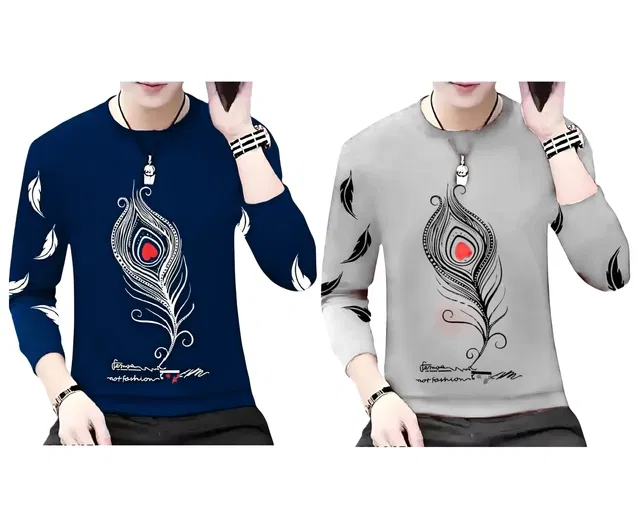 Round Neck Printed T-Shirt for Men (Navy Blue & Grey, M) (Pack of 2)