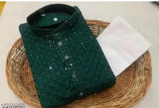 Chikankari Cotton Pyjama Set for Boys (Green Top Bottom) (White, 6-9 Months)