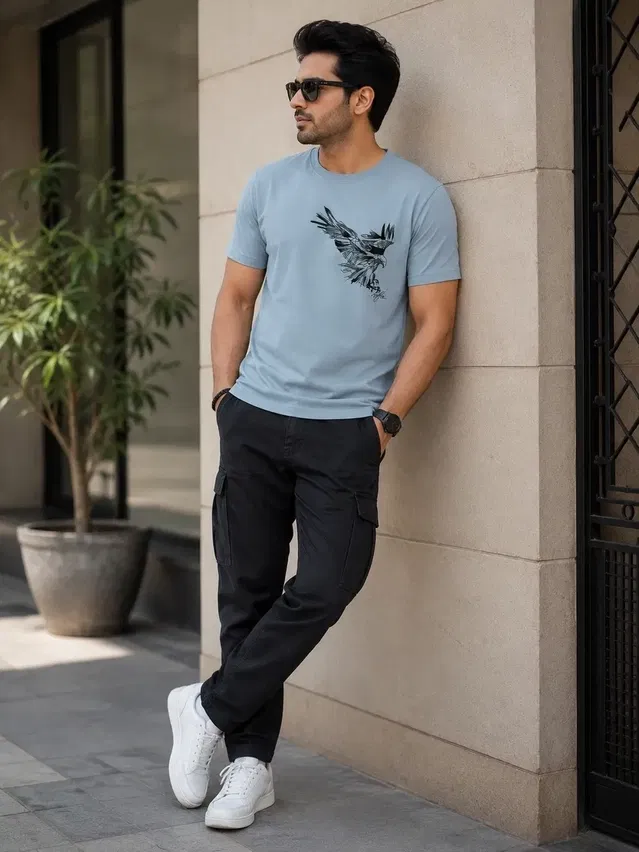 ROund Neck Printed T-shirt for Men (Grey, L)