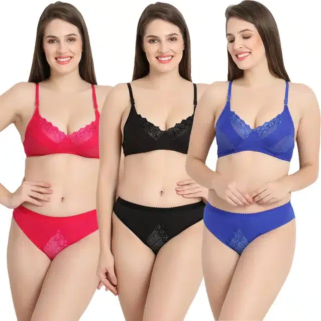 Cotton Blend Lingerie Set for Women (Multicolor, 36) (Set of 3)