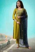 Cotton Blend Embroidered Kurta with Pant & Dupatta for Women 
