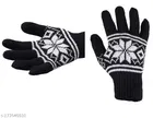 Woolen Printed Gloves for Women (Black, Set of 1)