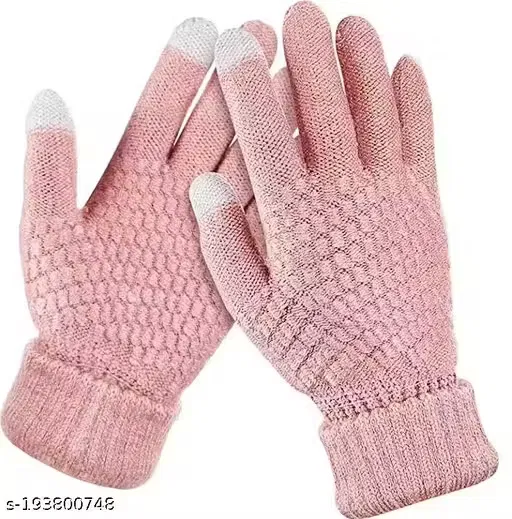 Woolen Solid Gloves for Women (Pink, Set of 1)