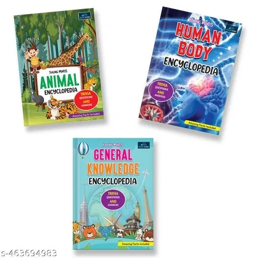 Young Minds Encyclopedia - Set Of 3 Books - Animals , General Knowledge , And Human Body Encyclopedia For Kids ,