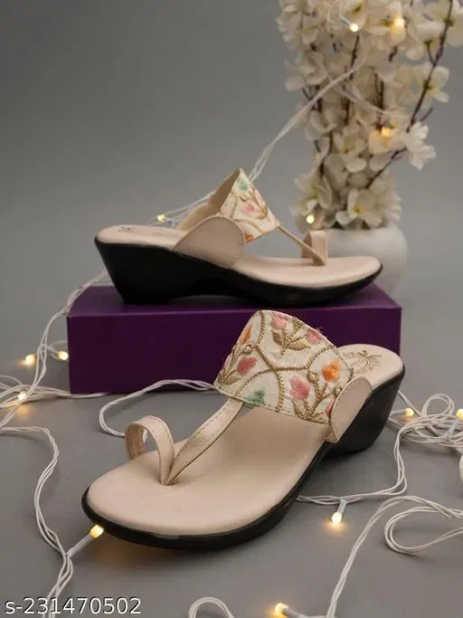 Shoetopia Cream Synthetic Wedge Round Toe Sandals (IND-5)