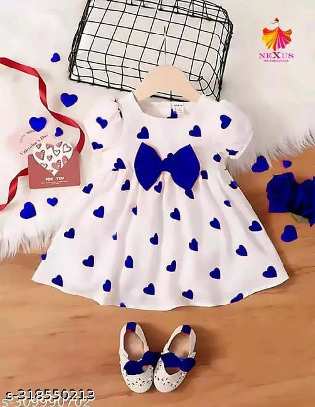 Cotton Frock for Girls (White & Blue, 9-12 Months)