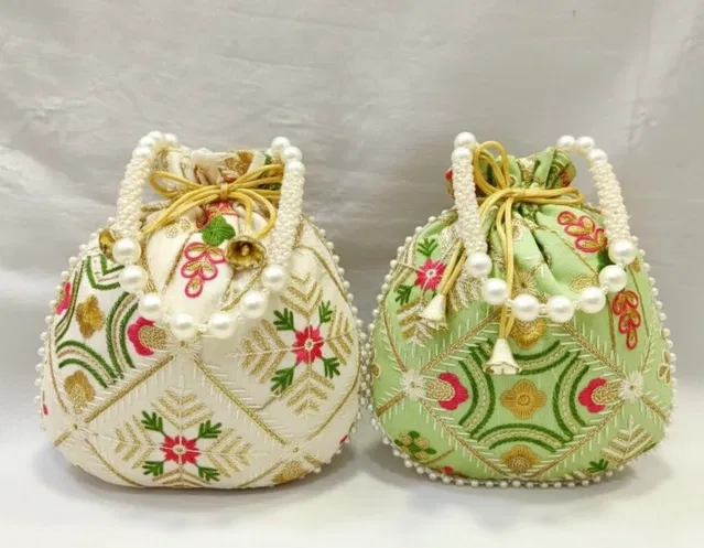 Handcrafted Embroidered Silk Potli Bag, Multicolour, Pack of 2