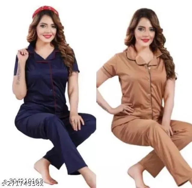Satin Nightsuit for Women (Navy Blue & Brown, XL) (Pack of 2)