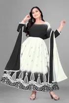 Jute Silk Ethnic Motif Gown with Dupatta for Women (Black & White, M)