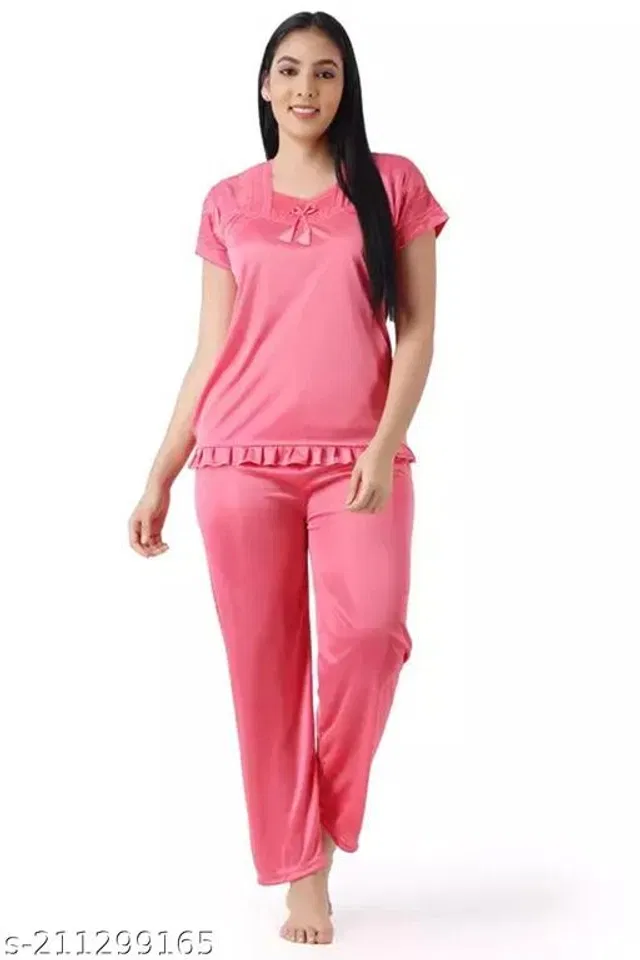 Satin Nightsuit Set for Women (Pink, Free Size)