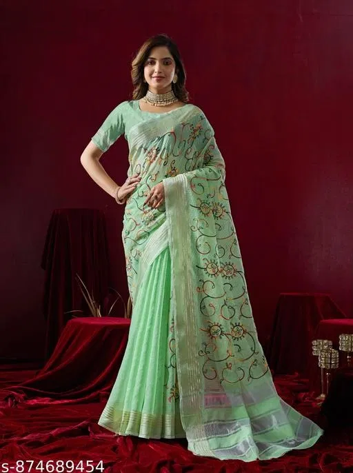 Thread Embroidery Kota Doria Cotton Saree for Women (Multicolor)