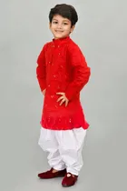 Cotton Blend Embroidery Kurta with Dhoti for Boys, Red & White 