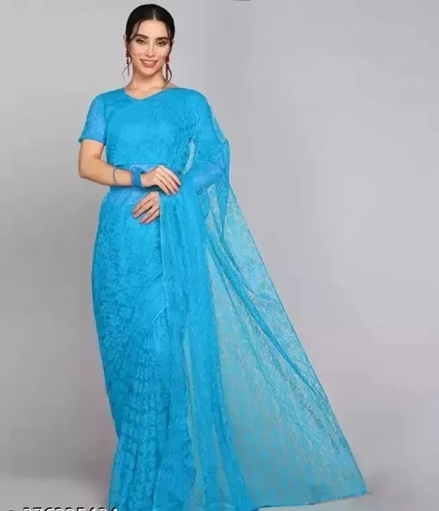 Net Floral Saree for Women (Aqua Blue, 6.3 m)