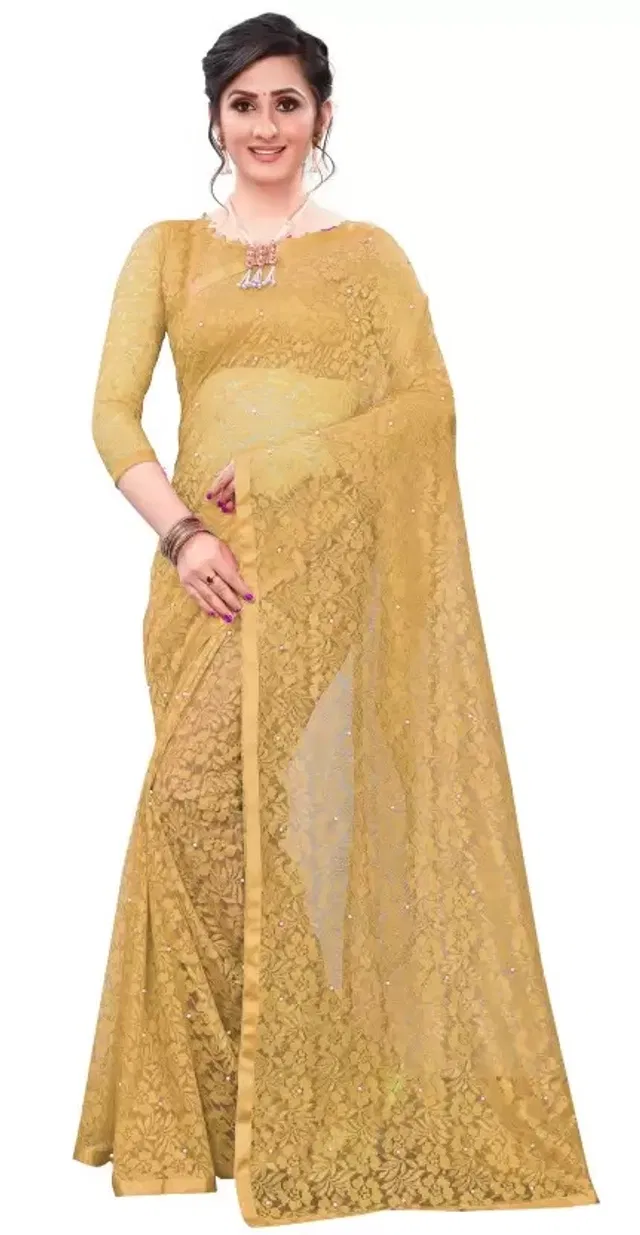 Net Solid Saree for Women (Cream, 6.3 m)