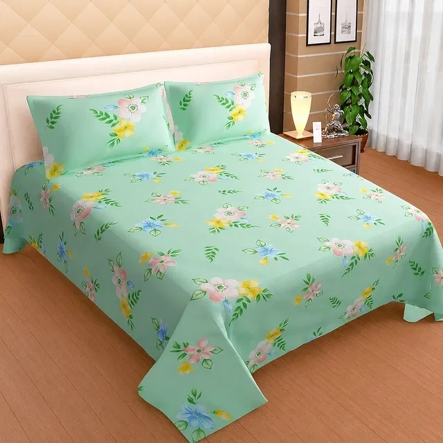 Flat Double Bedsheet With 2 Pillow Covers Polycotton Cotton (88 X 90, Green Multi Floral)
