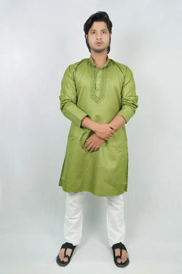 Cotton Solid Kurta with Pyjama for Men (Green & White, L)