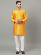 Jacquard Solid Kurta with Pant for Men (Mustard, S)