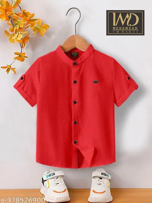 Solid Cotton Blend Mandarin Neck T-Shirt for Boys (Red, 10-11 Years)