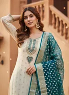 Cotton Silk Embellished Unstitched Suits Fabric for Women, Beige & Blue