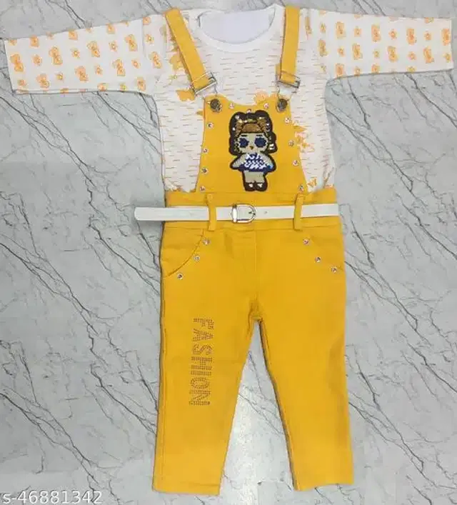 Denim Full Sleeves Dungaress for Girls (White & Yellow, 6-12 Months)