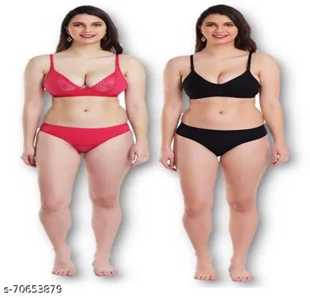 Cotton Blend Solid Lingerie Set for Women (Multicolor, 32A) (Pack of 2)