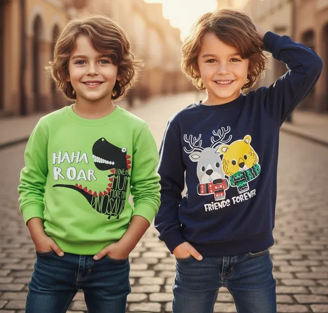 Round Neck Printed Wool Sweat Shirt For Boys, Multicolour (6-7 Years) ,Pack Of 2