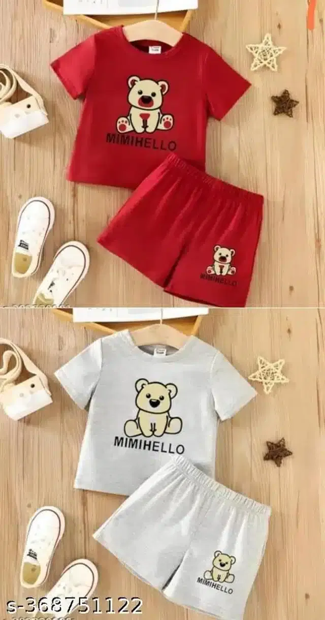 Hosiery Cotton Half Sleeves T-Shirt with Pant Clothing Set for Kids (Red & Off White, 6-12 Months) (Set of 2)