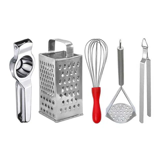 Oc9 Stainless Steel Lemon Squeezer & 4 in 1 Grater Or Slicer & Egg Whisk & Potato Masher & Roti Chimta Kitchen Tool Set (O-155)