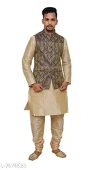 Dupion Silk Solid Kurta with Pyjama & Jacket for Men 
