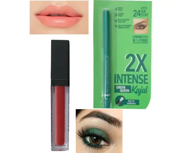 Matte Lip Color with Waterproof Kajal  (Peach & Black, Set of 2)