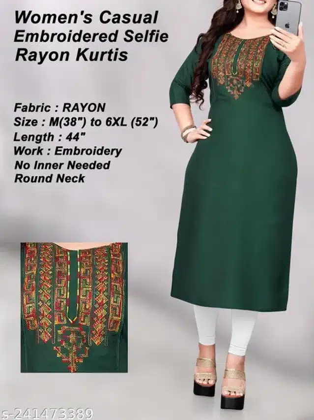 Rayon Embroidered Kurti for Women (Green, 4XL)