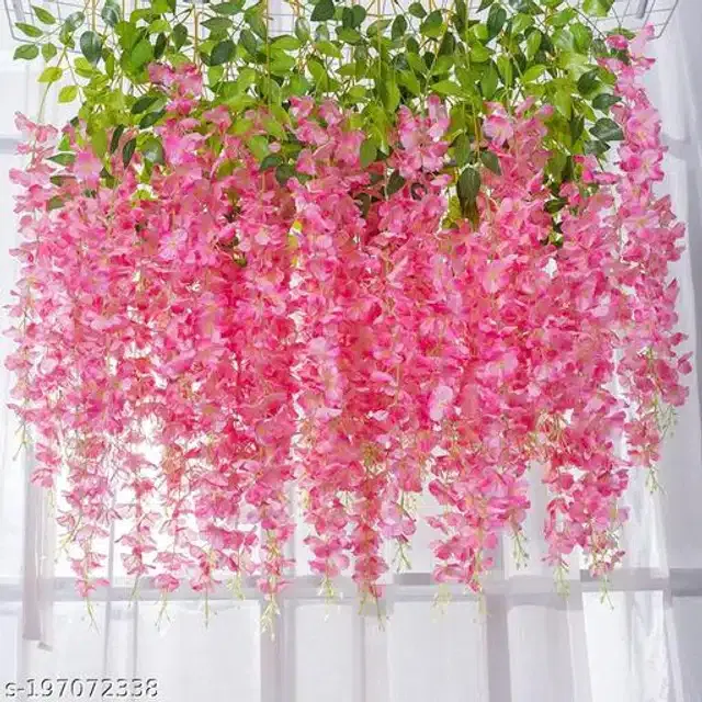 Polyester Artificial Hanging Flower Garlands (Pink & Green, Pack of 6)