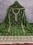 Vichitra Silk Embroidered Unstitched Suit Fabric, Green