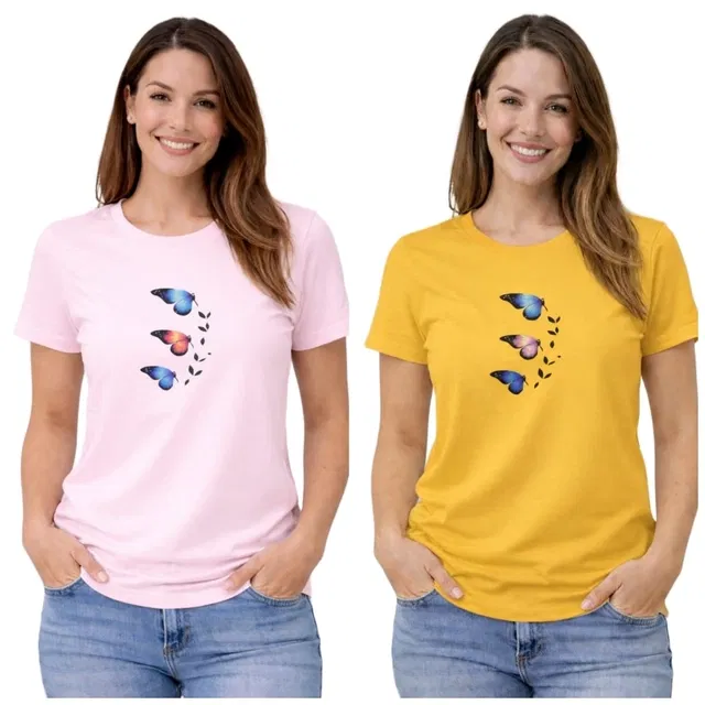 Cotton Blend T-shirt for Women, Yellow & Pink , Pack of 2 (XL)