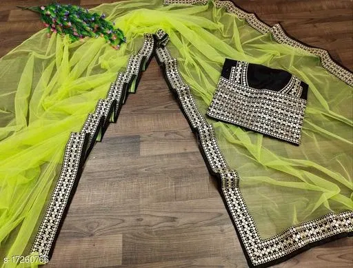 Net Solid Saree for Women, Green (6.3 m)