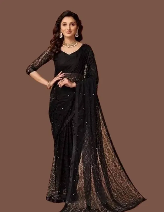 Net Beaded Saree for Women (Black)