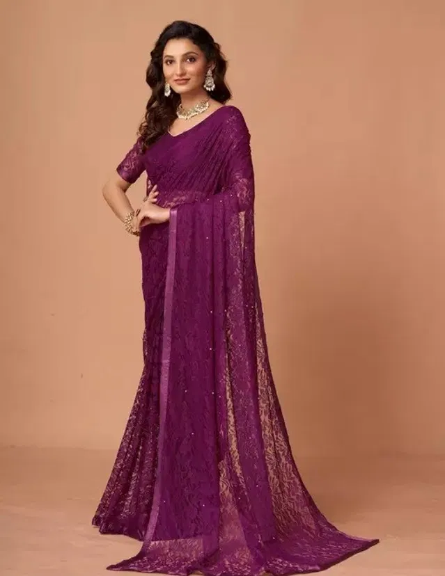 Net Solid Saree for Women (Wine, 6.3 m)