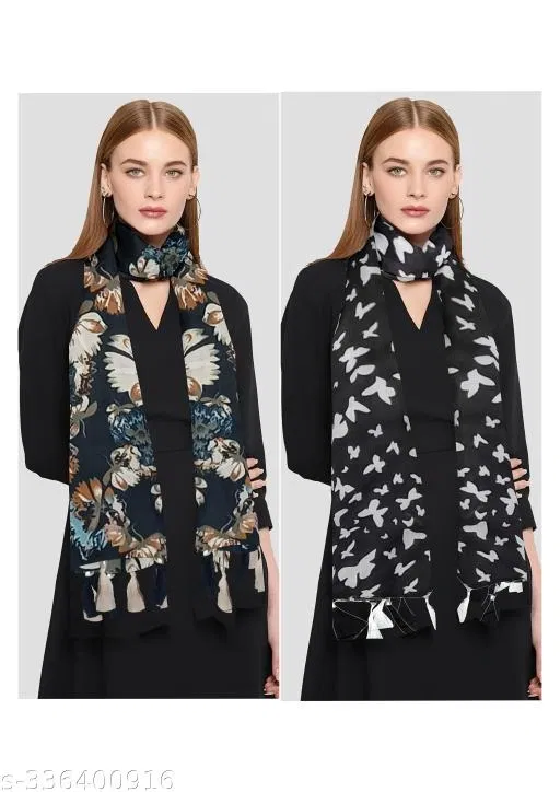 Poly Chiffon Printed Scarves for Women, Multicolor, Pack of 2