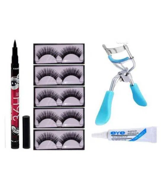 Lenon Makeup Accessory Eyelashes+ Glue+ 36 Hrs Black Eyeliner+ Eyelash Curler (Pack of 4) (D185)