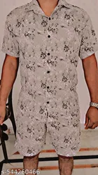 Rayon Printed Top & Bottom Set for Men, Beige 