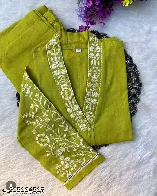 Dull Cotton Emroidered Kurta Set for Women, Green (L)