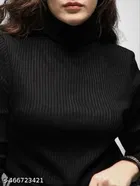 Wool Solid Hi-Neck Sweater for Women, Black 