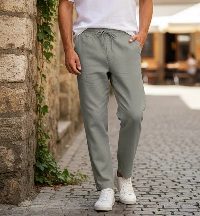 Linen Trousers for Men (Light Green, 34)