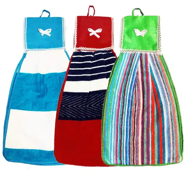 Soft Cotton Double Side Hanging Hand Towel (Multicolor, Pack of 3)